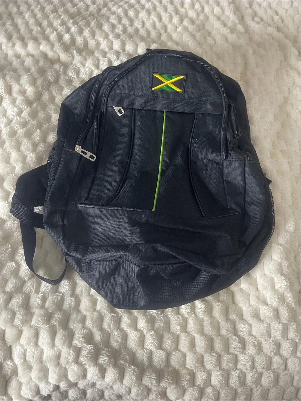 NWOT Black Backpack Green Accent & Jamaica Patch REFER TO PIC/VID 4 MISSING ZIP